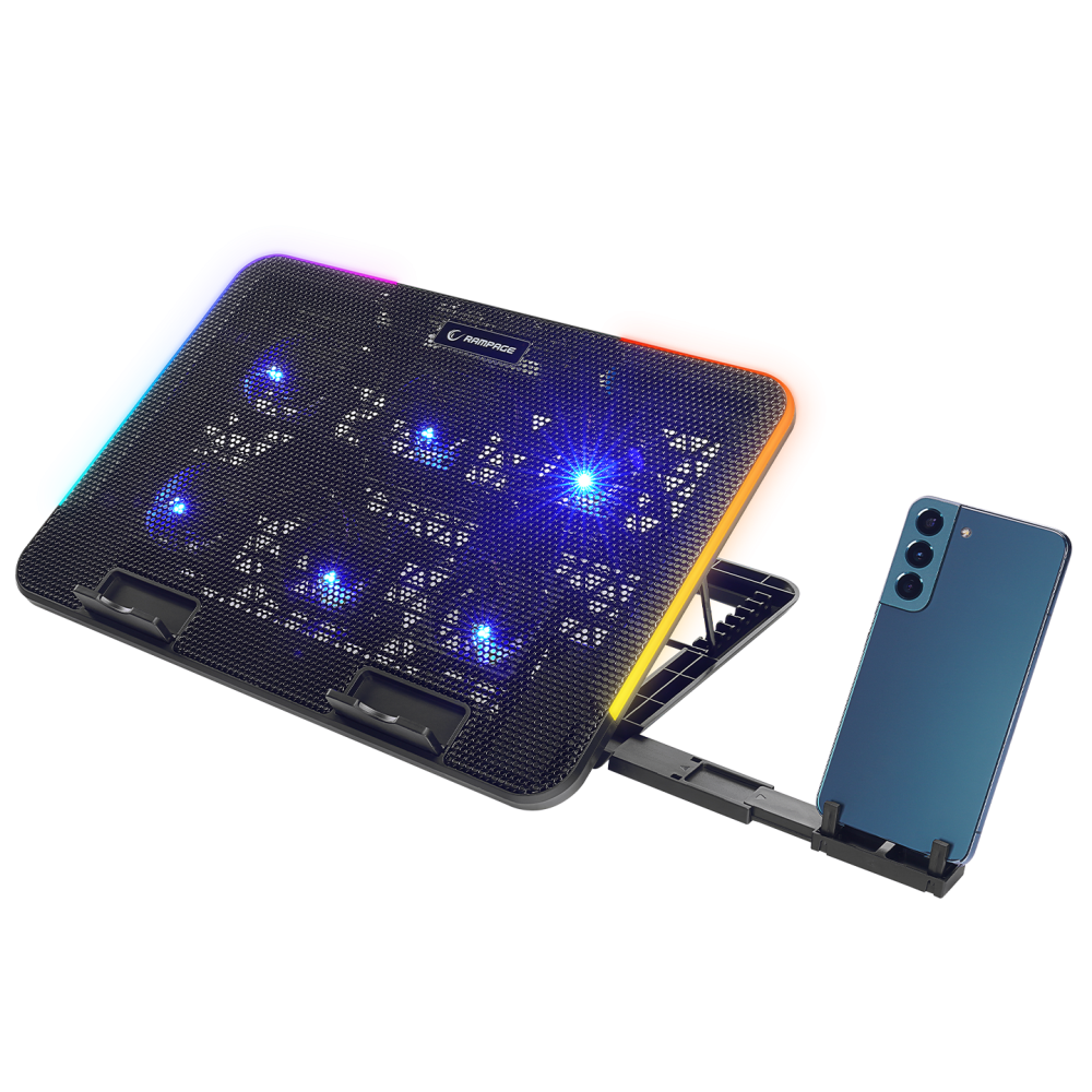 RGB ışıklı ve telefon standlı siyah dizüstü bilgisayar soğutucusu. Telefon mavi. Arka plan siyah.