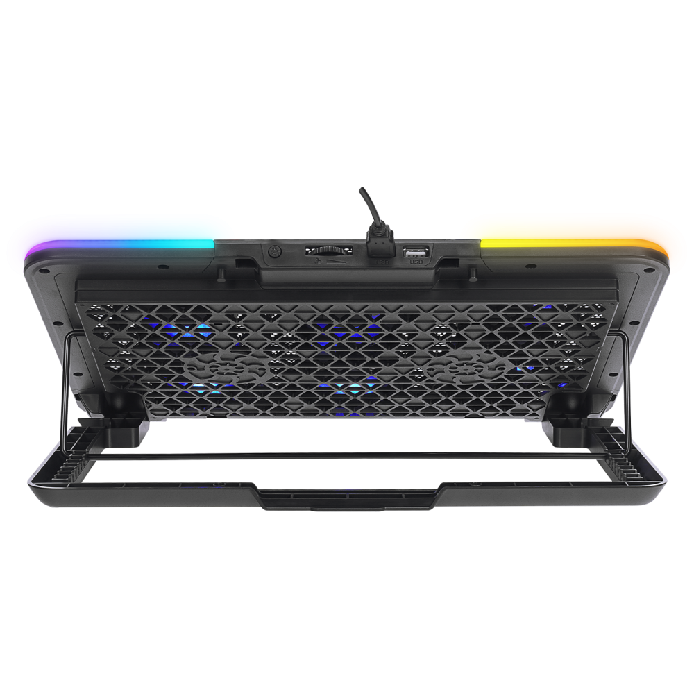 RGB ışıklı dizüstü bilgisayar soğutucusu, fan ızgarası ve üstte USB bağlantı noktaları. Altta uzanan ayaklar.