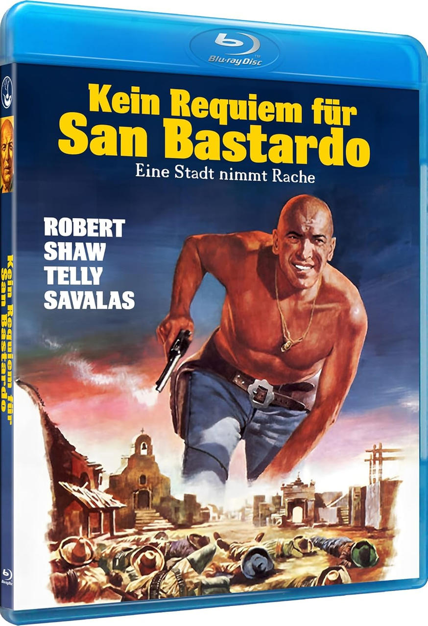 Blu-ray-Filmcover mit einem Mann, der eine Waffe hält, und dem Titel 'Kein Requiem für San Bastardo'.
