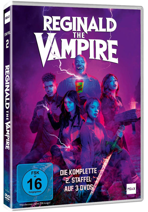 DVD-Cover von 'Reginald the Vampire' Staffel 2 mit 5 Hauptfiguren und lila Blitz-Hintergrund.