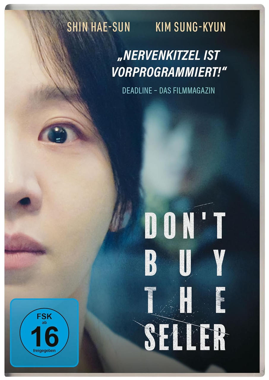 Don't Buy the Seller DVD-Cover. Das Gesicht einer Frau mit beängstigendem Blick. Text in Weiß und Blau.