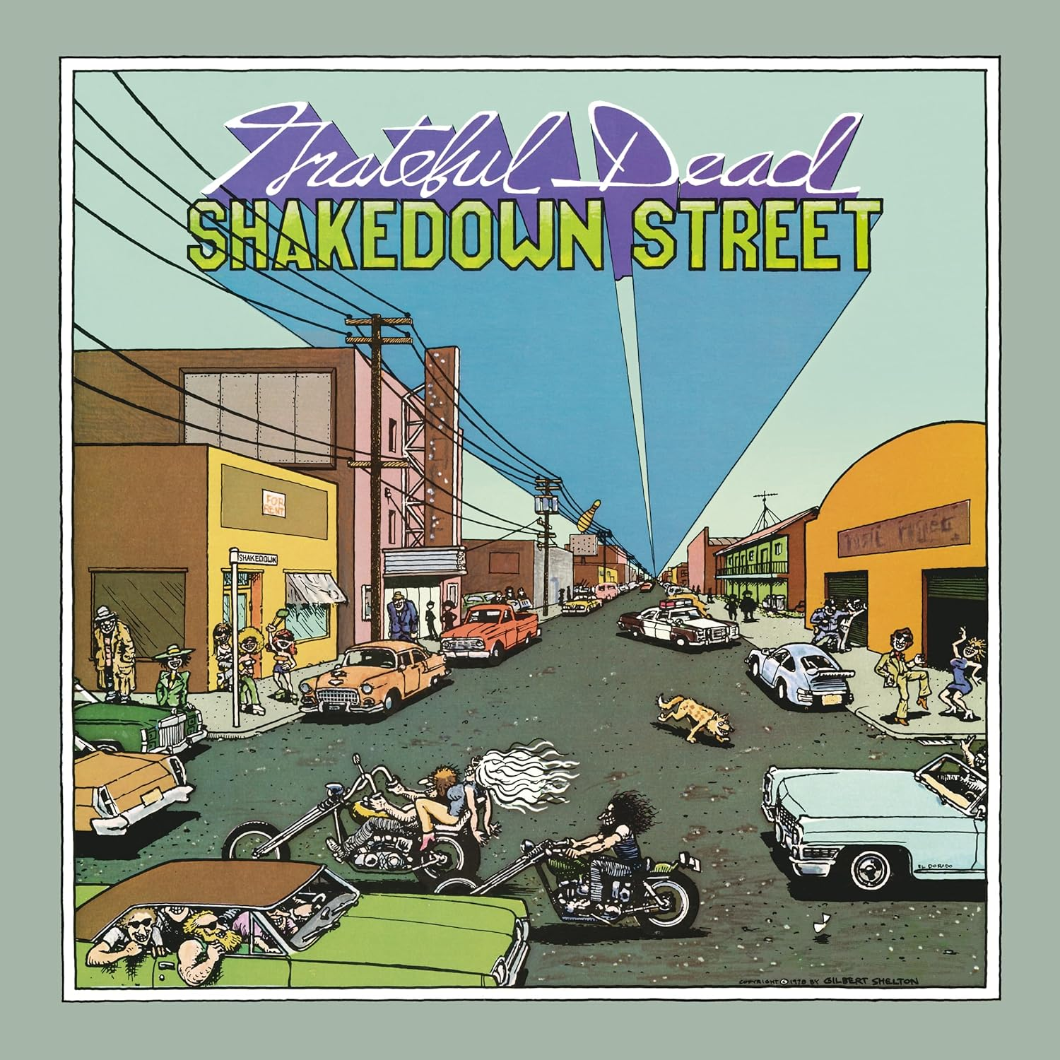 Album borító, Grateful Dead, utcakép autókkal és emberekkel.