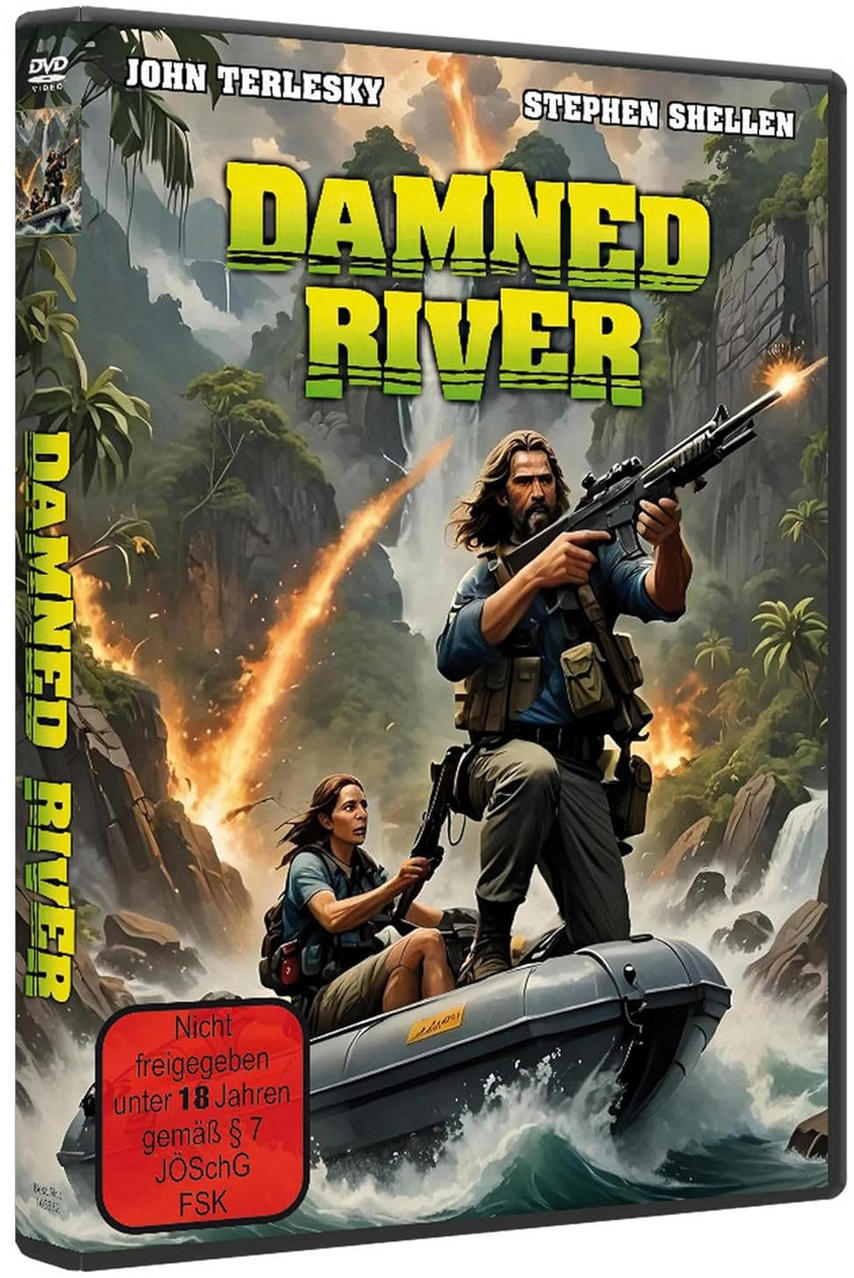 Eine DVD-Hülle des Films 'Damned River' mit Schauspielern in einem Boot auf einem Fluss.
