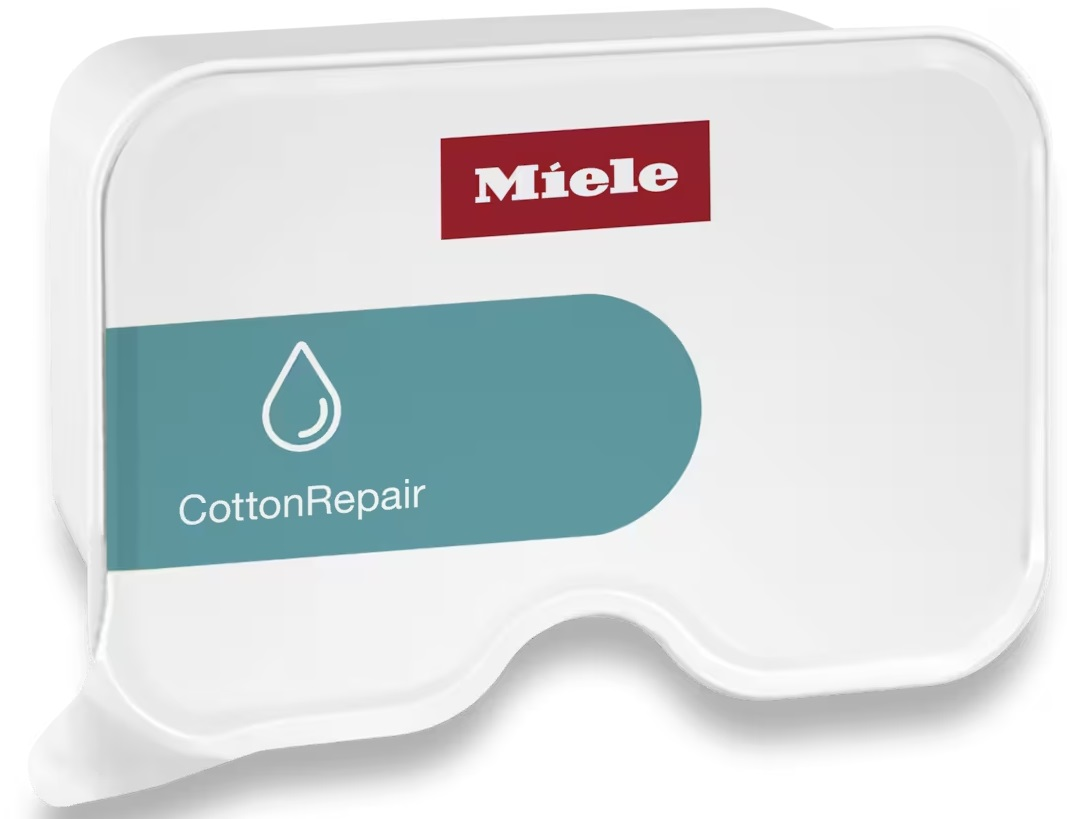 Biały pojemnik z niebieskim owalem i napisem 'CottonRepair'. Logo to 'Miele' w kolorze czerwonym.