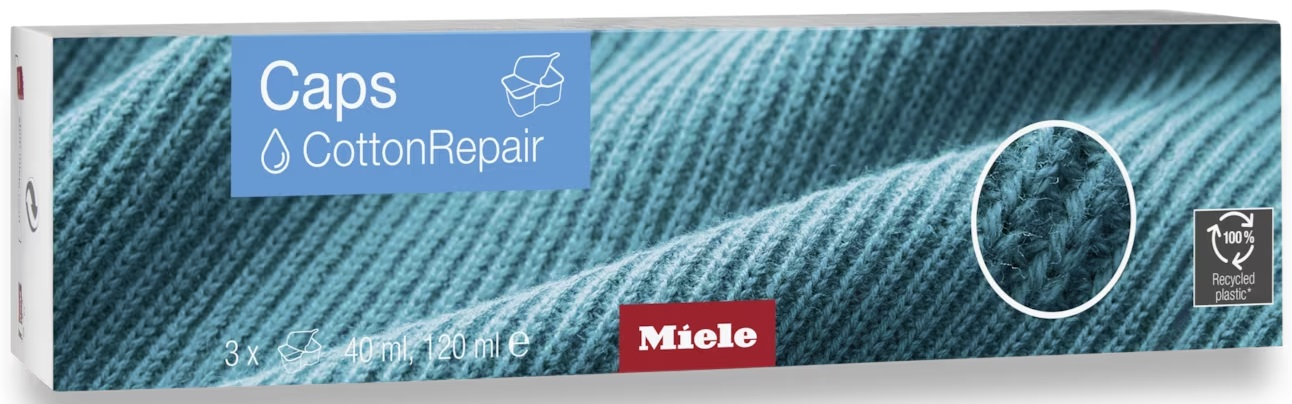 Pudełko kapsułek do prania. Kapsułki i wzór tkaniny na opakowaniu. Marka Miele.