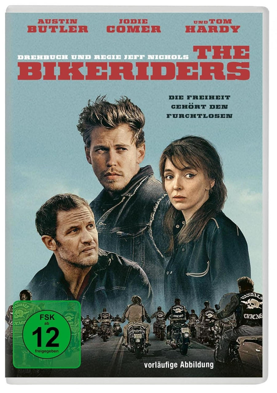 Filmposter mit drei Personen auf Motorrädern, mit dem Titel The Bikeriders.