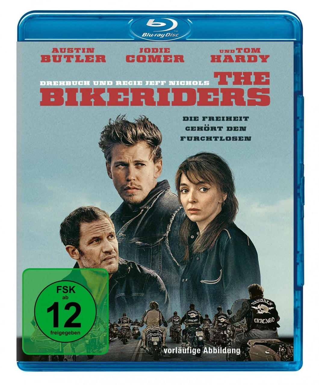Blu-ray Disc-Cover von The Bikeriders. Drei Personen vorne, Motorräder im Hintergrund.