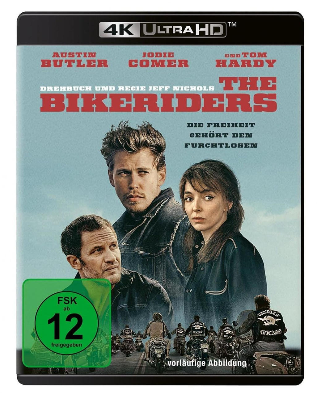 Das Bikeriders-Filmcover mit Austin Butler, Jodie Comer und Tom Hardy.