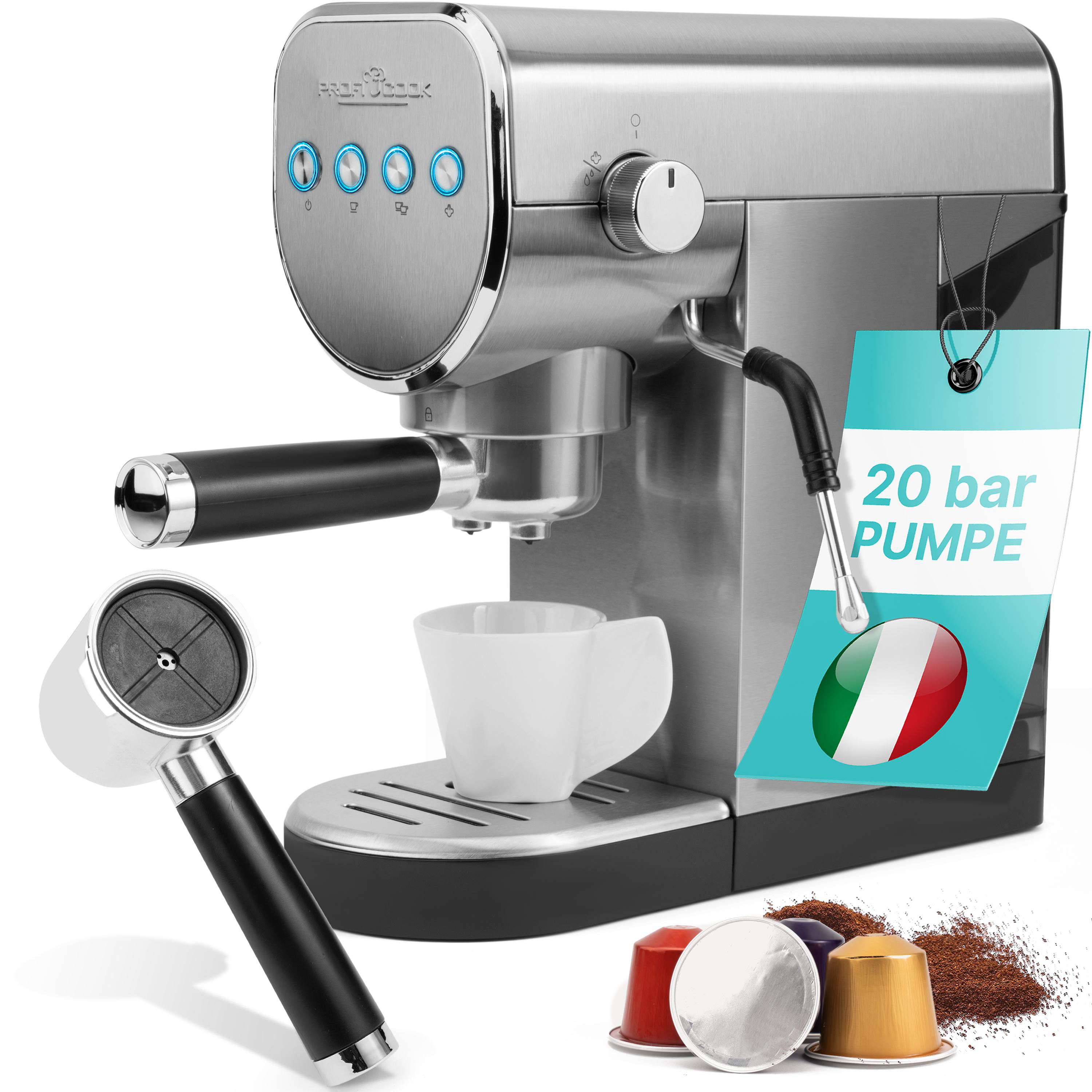 Espressomaschine, silber mit schwarzen Akzenten, Tasse auf dem Tablett, Zubehör daneben.