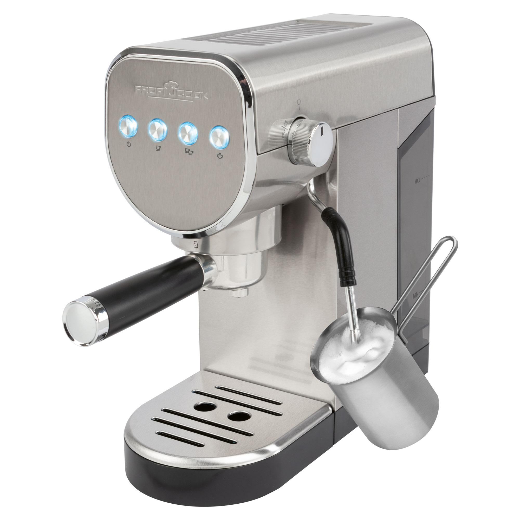 Eine Espressomaschine aus Edelstahl mit schwarzem Griff, Milchaufschäumer und blauen Lichtern.