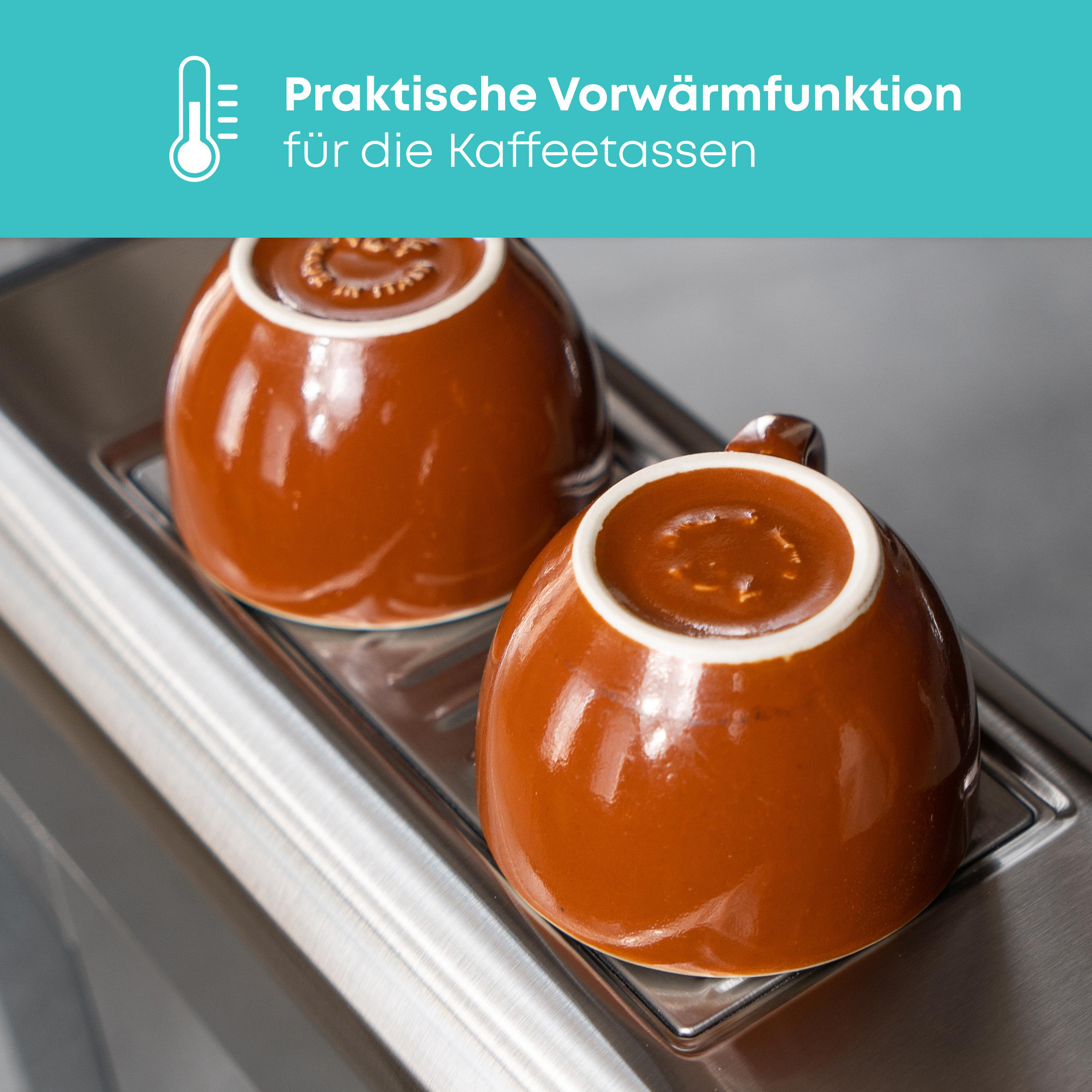 Zwei braune Kaffeetassen auf einer silbernen Oberfläche mit Text darüber.