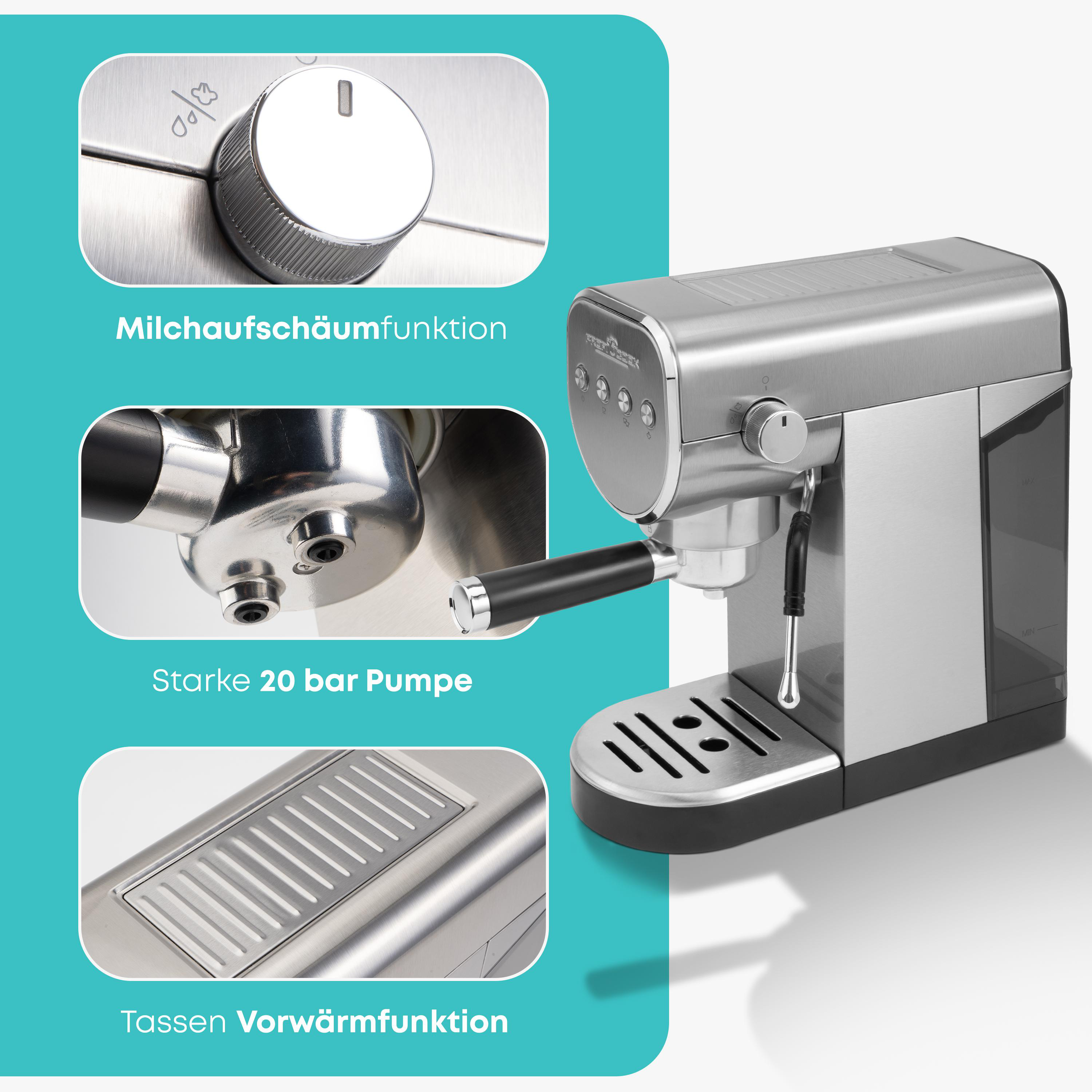 Espressomaschine mit Details zu Milchaufschäumer, Pumpe und Warmhaltefunktion.
