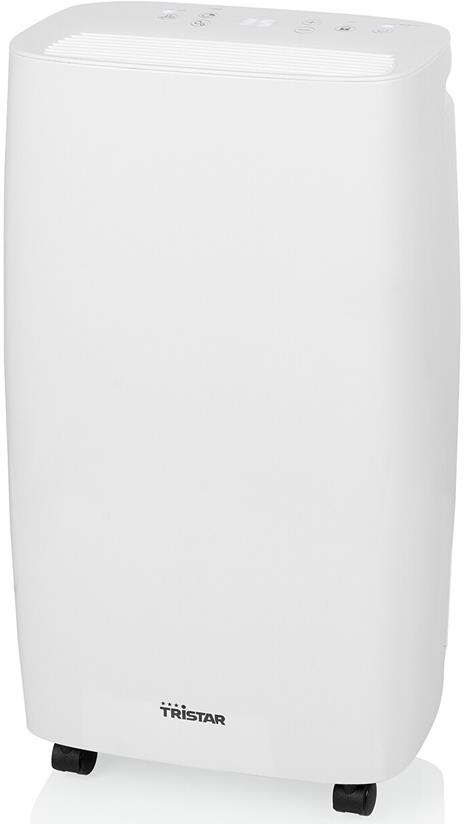 Un deumidificatore Tristar bianco con ruote nere su sfondo bianco.