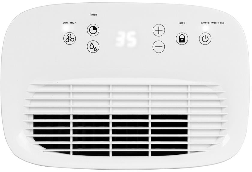 Un pannello di controllo del deumidificatore bianco con pulsanti e un display digitale che mostra "35".
