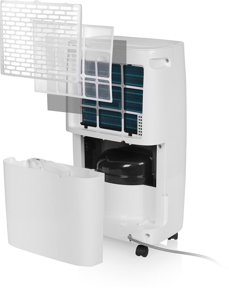 Deumidificatore con parti staccate, che mostrano filtri e componenti interni. Esterno bianco con elementi neri.
