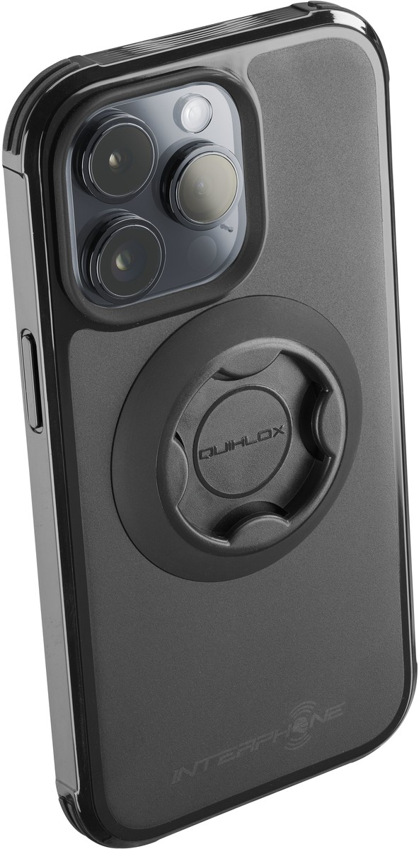 Coque de téléphone noire avec une fixation circulaire noire. Le téléphone est dans une coque.