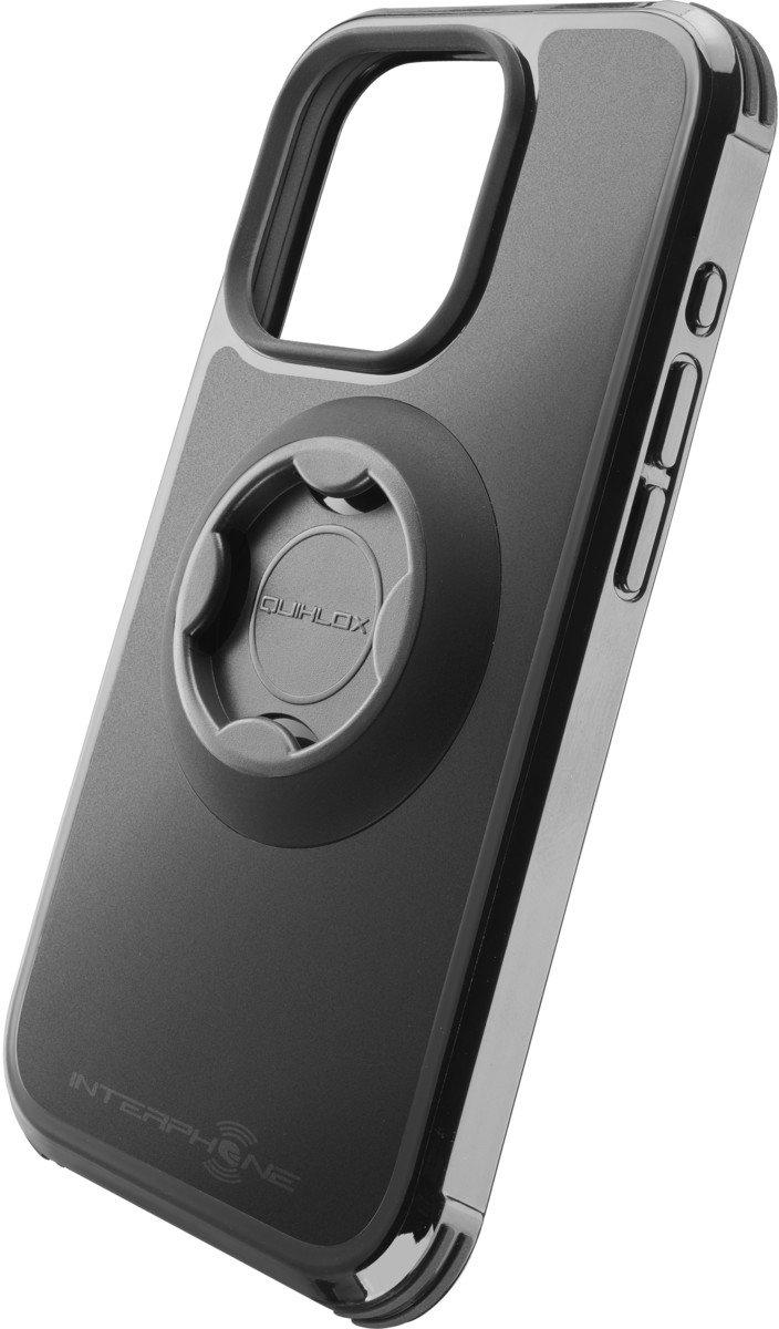 Coque de téléphone noire avec un support circulaire à l'arrière. Design élégant.