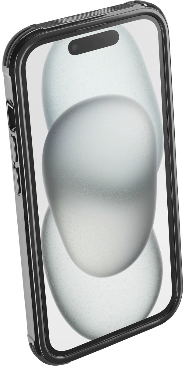 Coque de téléphone, cadre noir, dos transparent avec formes abstraites flottantes. Téléphone à l'intérieur.