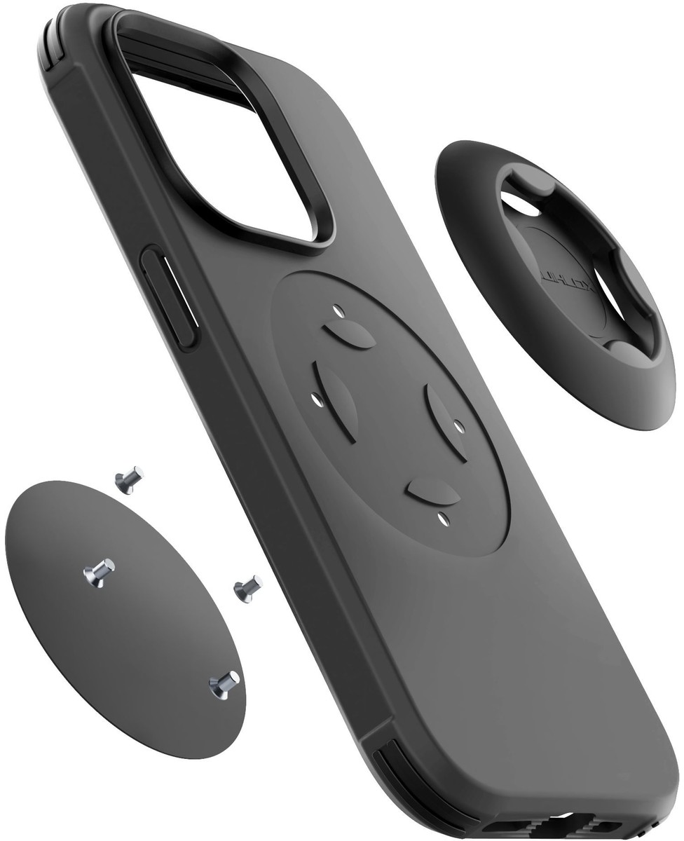 Coque de téléphone noire avec point de montage rond et anneau détaché.