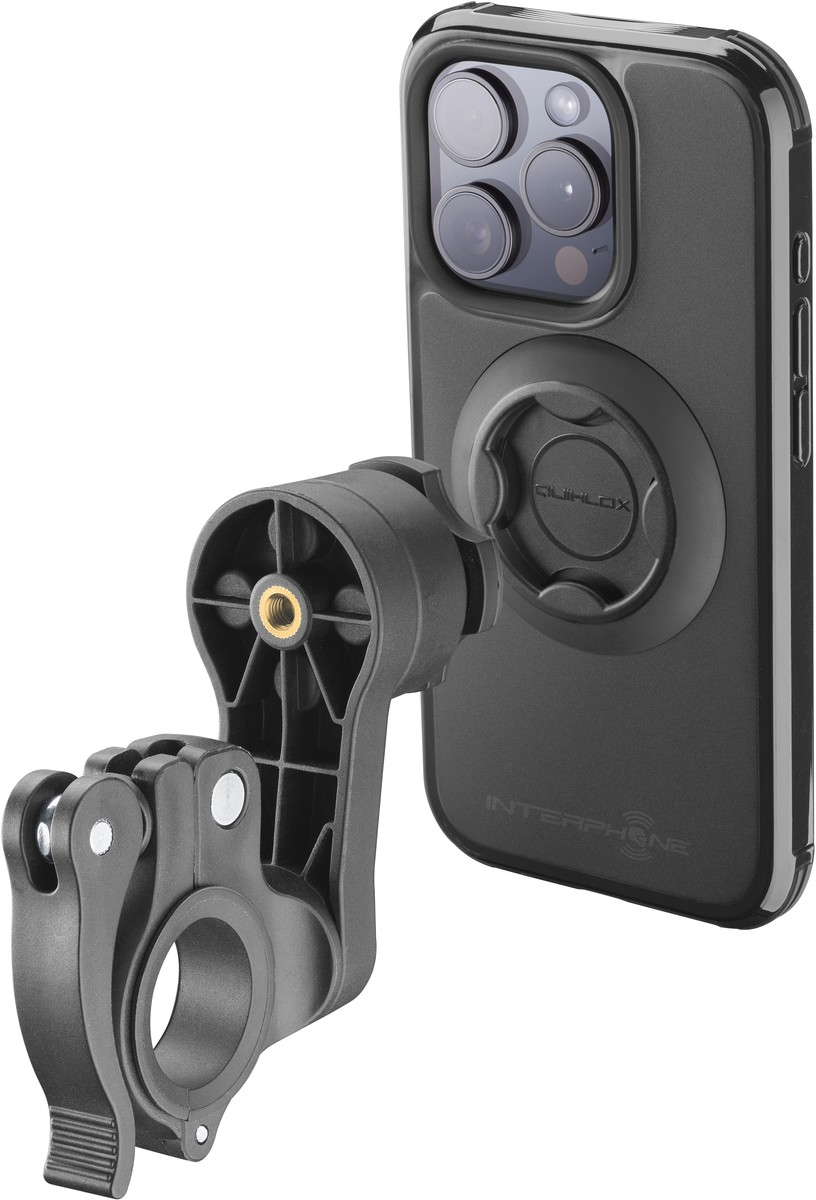 Un téléphone noir fixé à un support de téléphone noir. Le support est connecté à une pince.