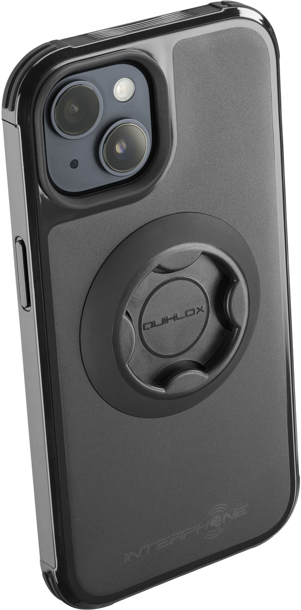 Coque de téléphone noire avec un téléphone dedans. Elle a un système de montage noir rond à l'arrière.