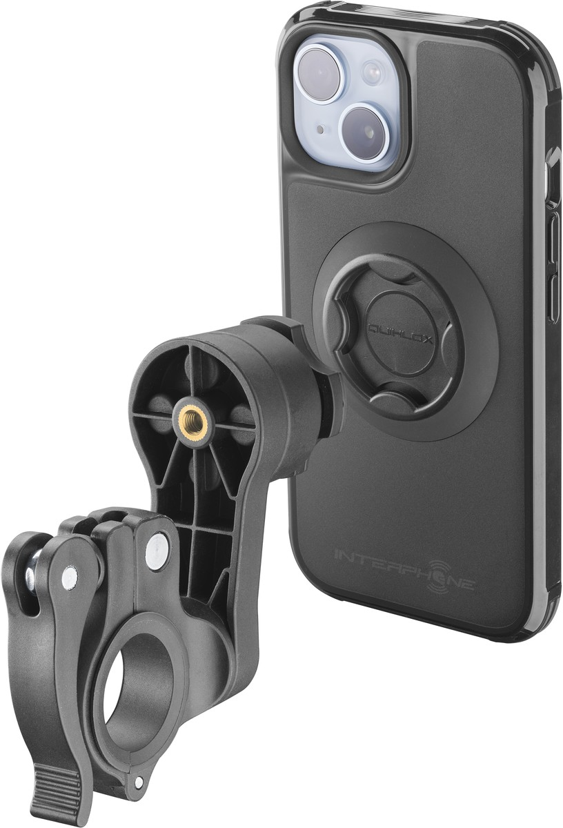 Téléphone monté sur le guidon d'un vélo. Coque et support de téléphone noirs fixés.