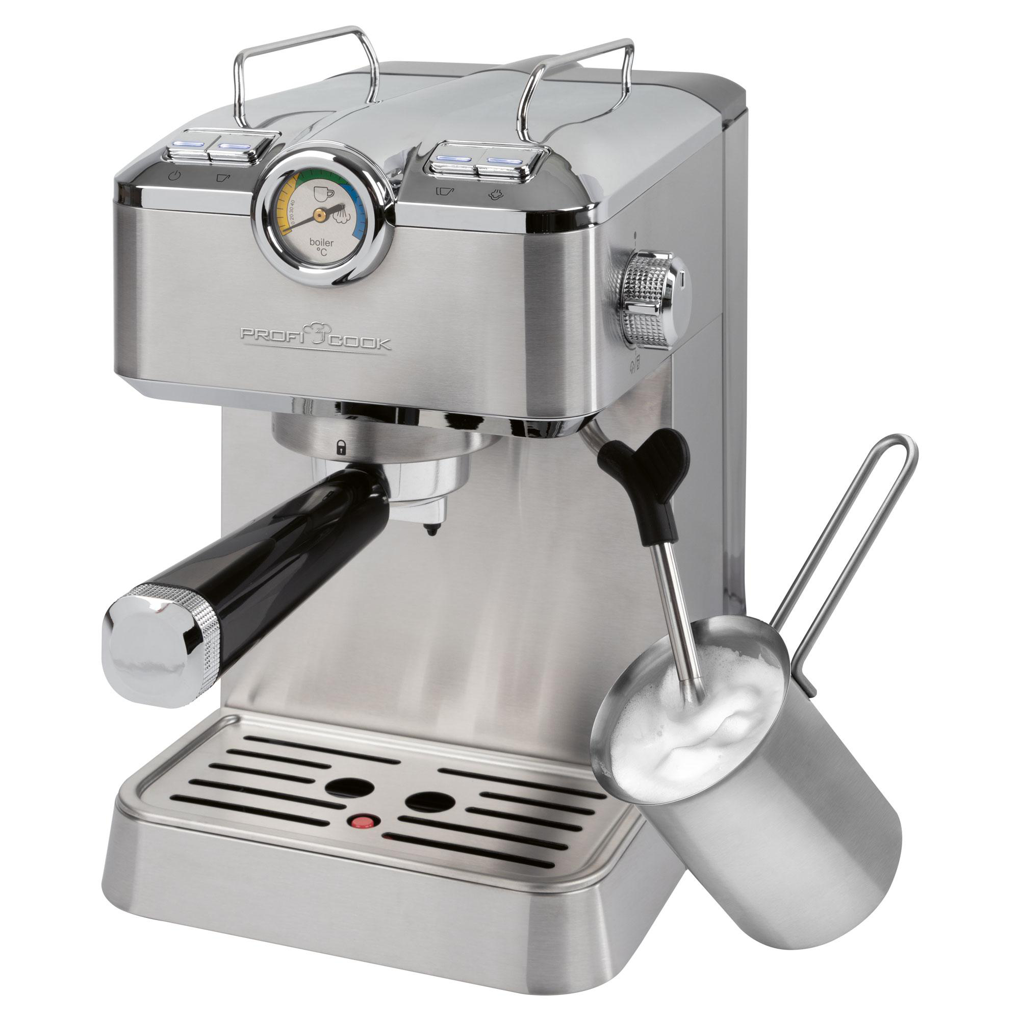 Espressomaschine ProfiCook aus Edelstahl mit Milchaufschäumer.