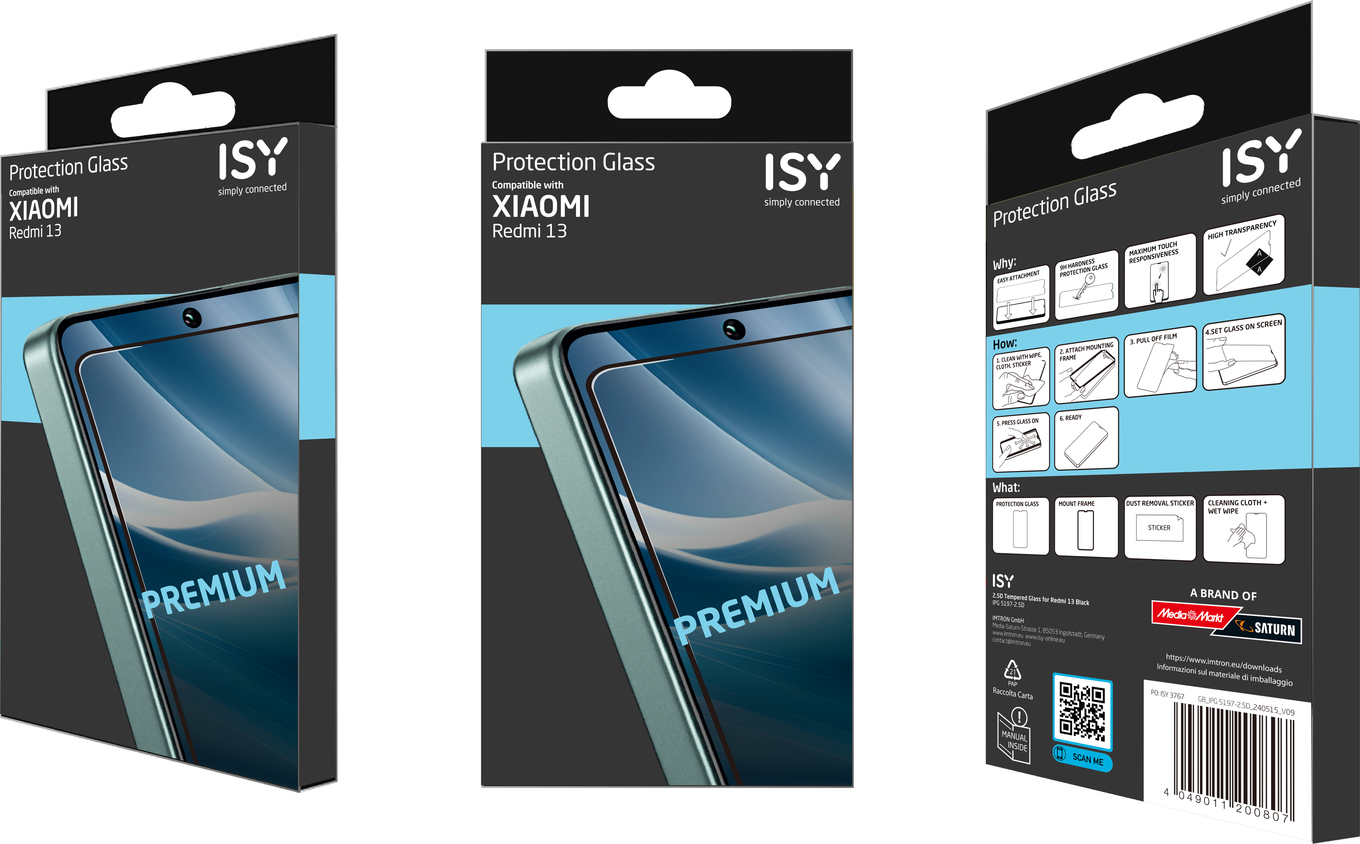 Boîte de protection d'écran Xiaomi Redmi 13, avec image du téléphone. Design noir et bleu.