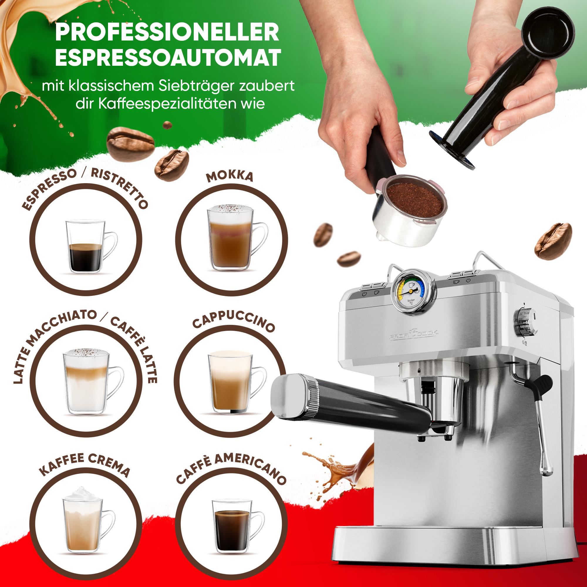 Espressomaschine mit verschiedenen Kaffeesorten. Eine Hand gießt Kaffeepulver ein.