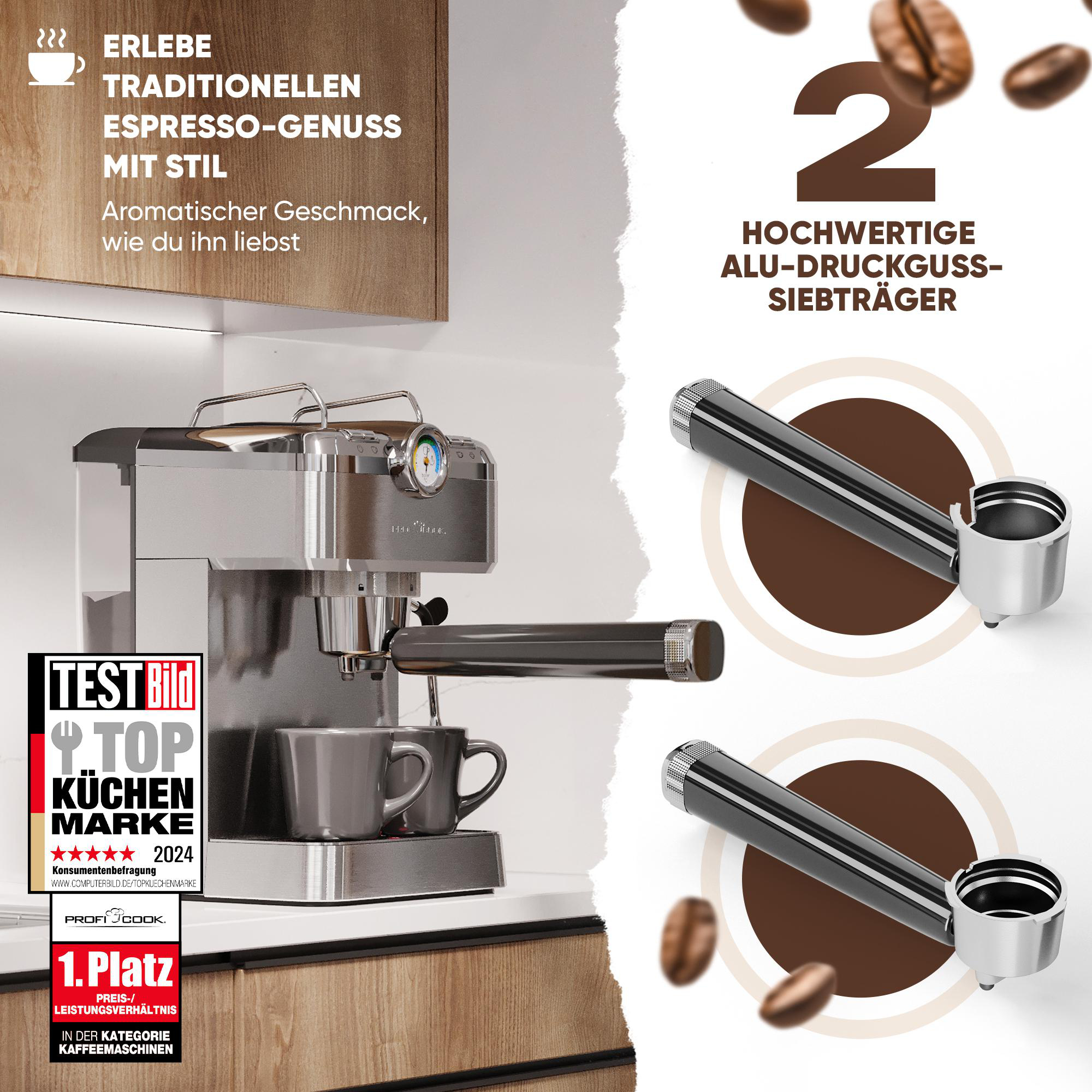 Espressomaschine mit Tasse. Zwei Siebträger, Text und Bohnen im Hintergrund.