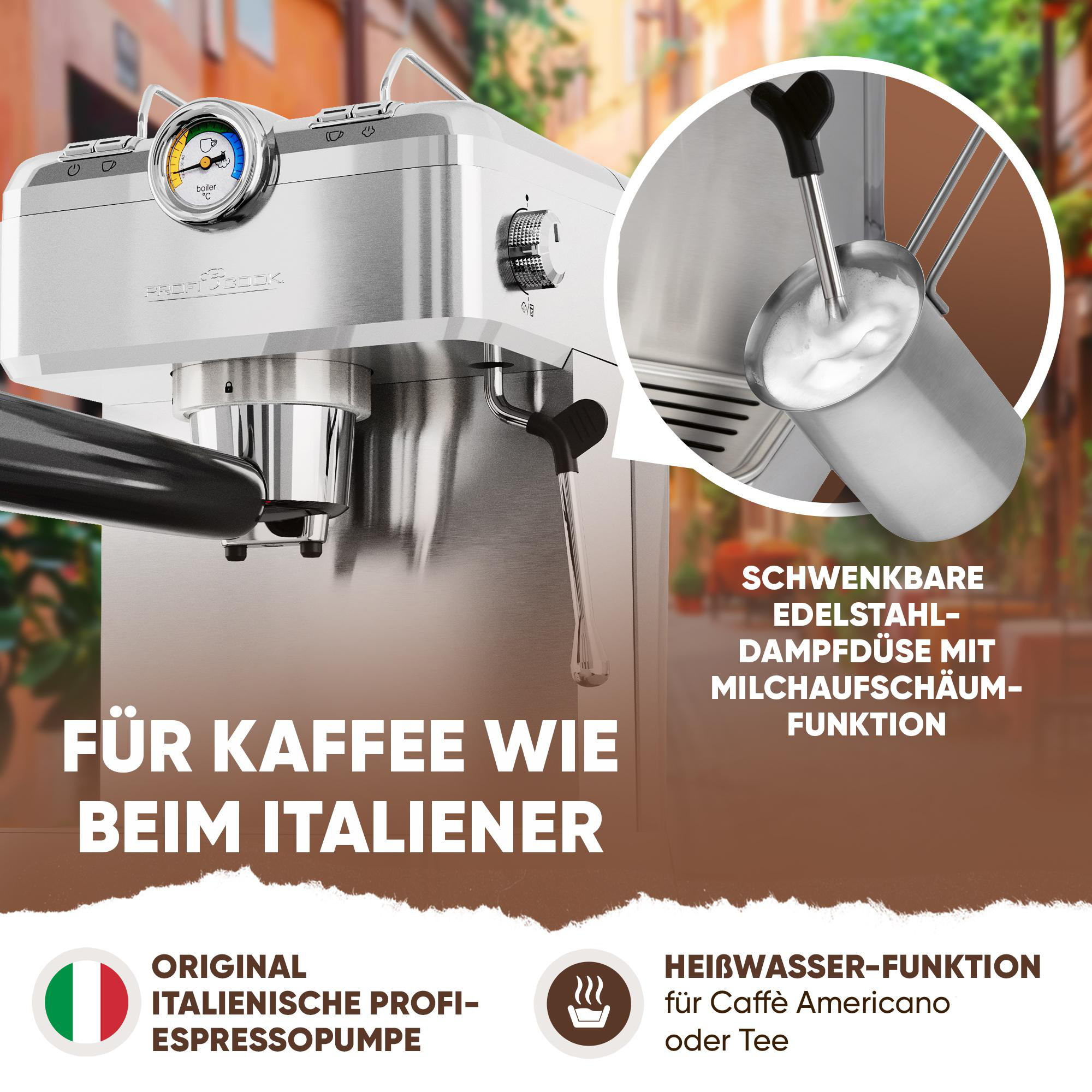 Espressomaschine mit italienischer Flagge, Text und Dampflanze mit Milchaufschäumer in Stahlkanne.