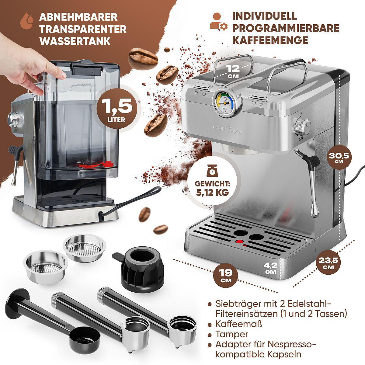 Espressomaschine mit Maßen und detaillierten Merkmalen.