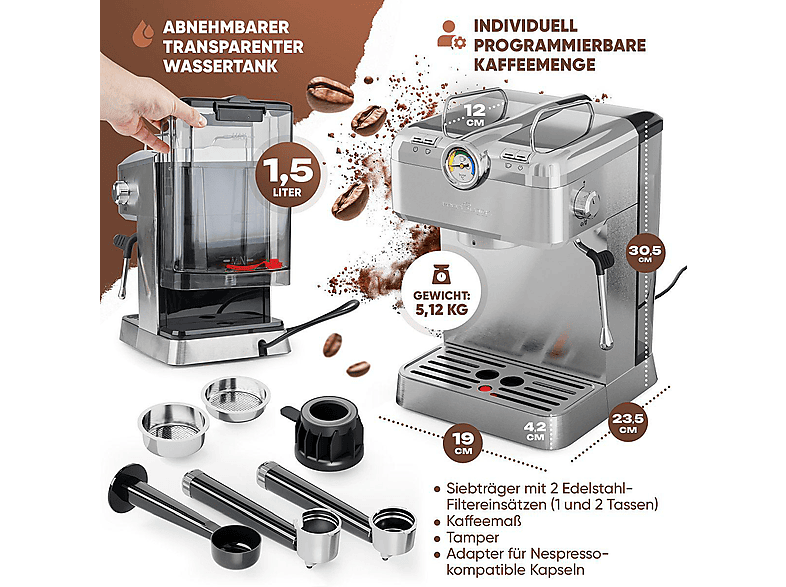 Profi Cook PC-ES/KA 1267 INOX Espressomaschine Edelstahl mit Milchaufschäumdüse — Foto 5 von 6