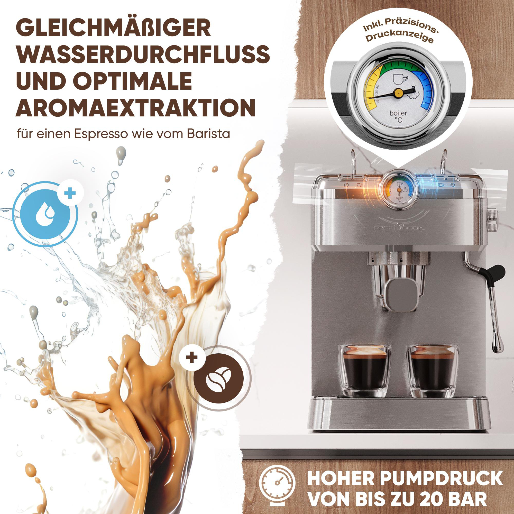 Espressomaschine mit Manometer, zwei Kaffeetassen und Wasserspritzer-Effekt.