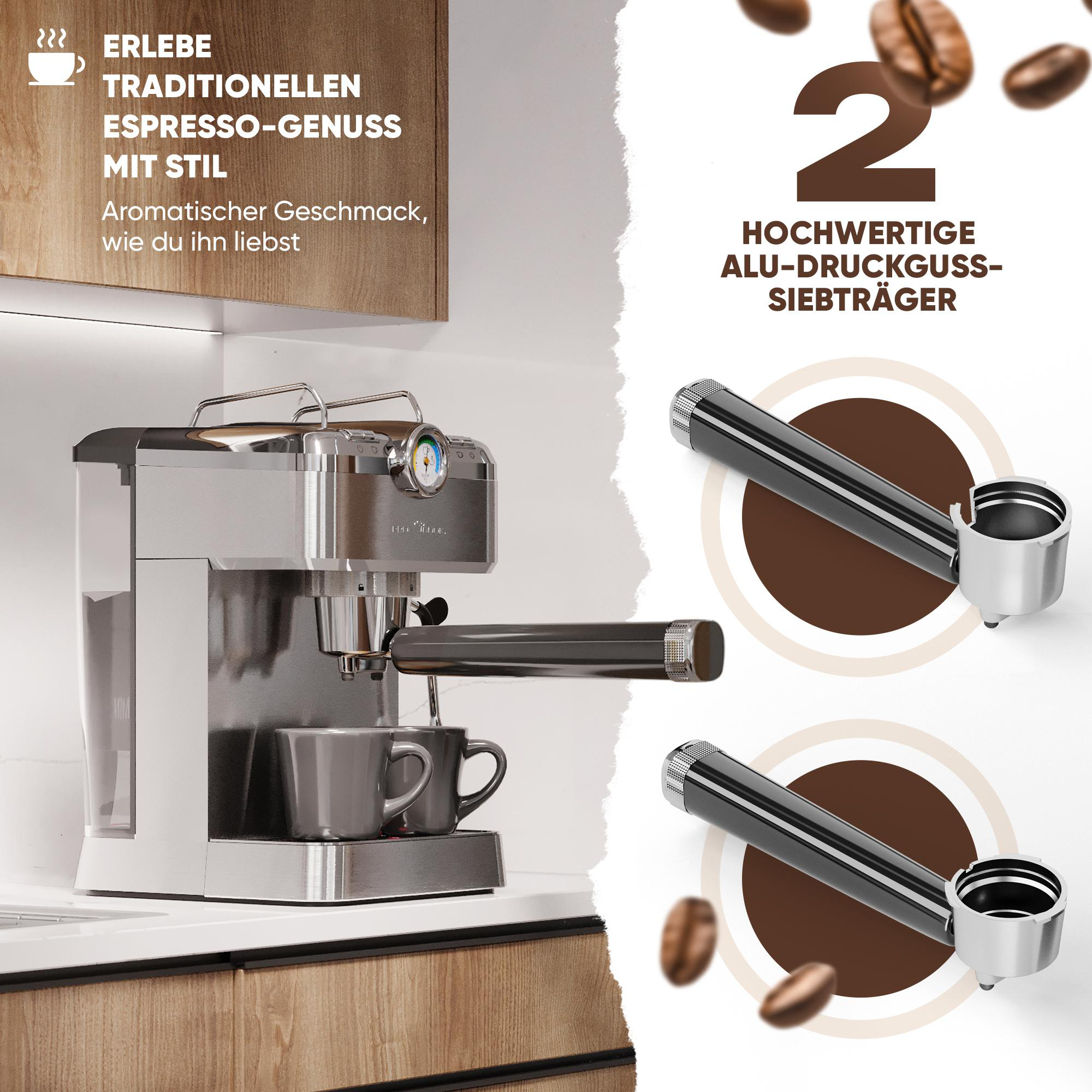 Espressomaschine mit Tasse, Kaffeebohnen und Text: Erlebe Traditionellen Espresso-Genuss Mit Stil.