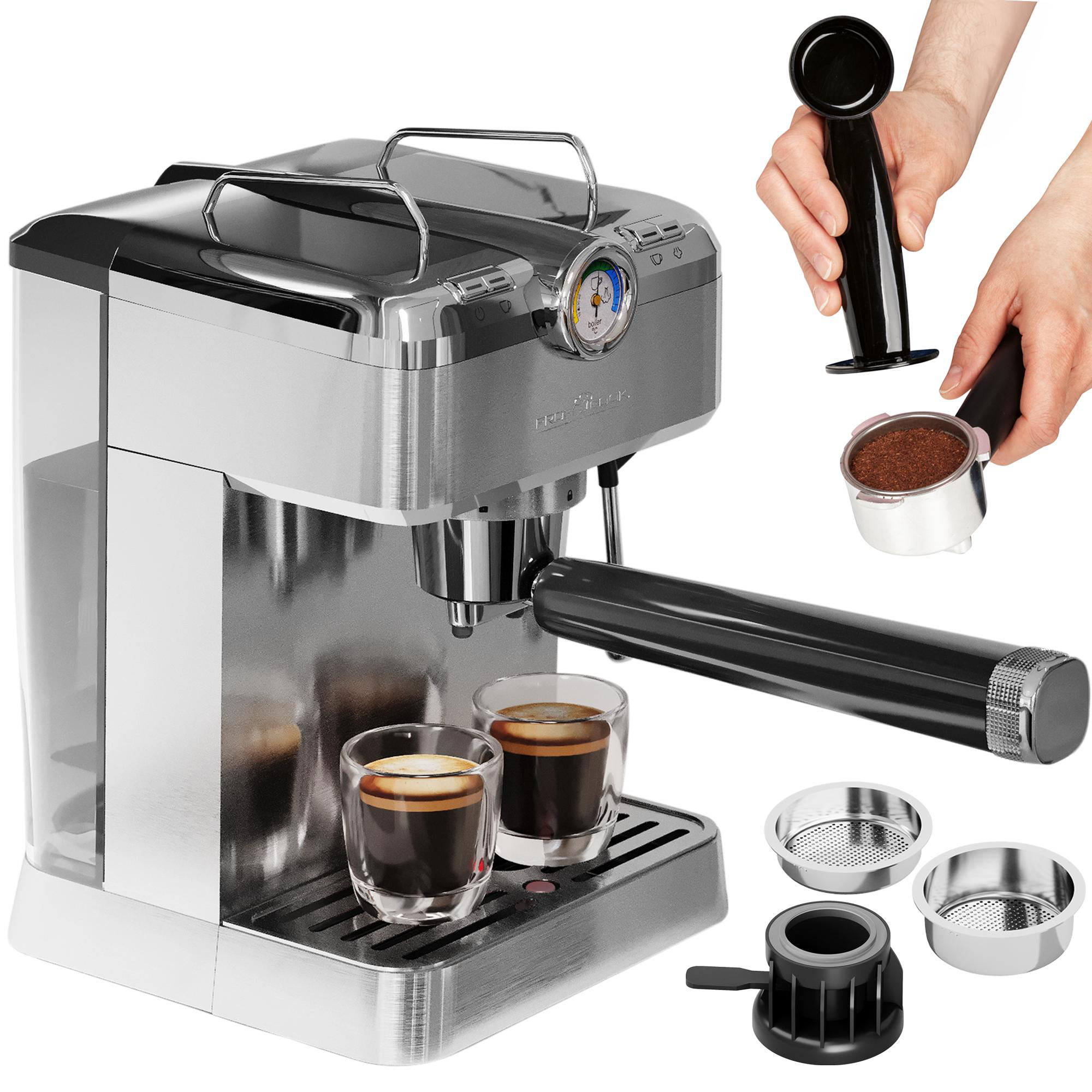 Espressomaschine mit zwei Kaffeegläsern. Zubehör und Hände einer Person sichtbar. Silber und Schwarz.