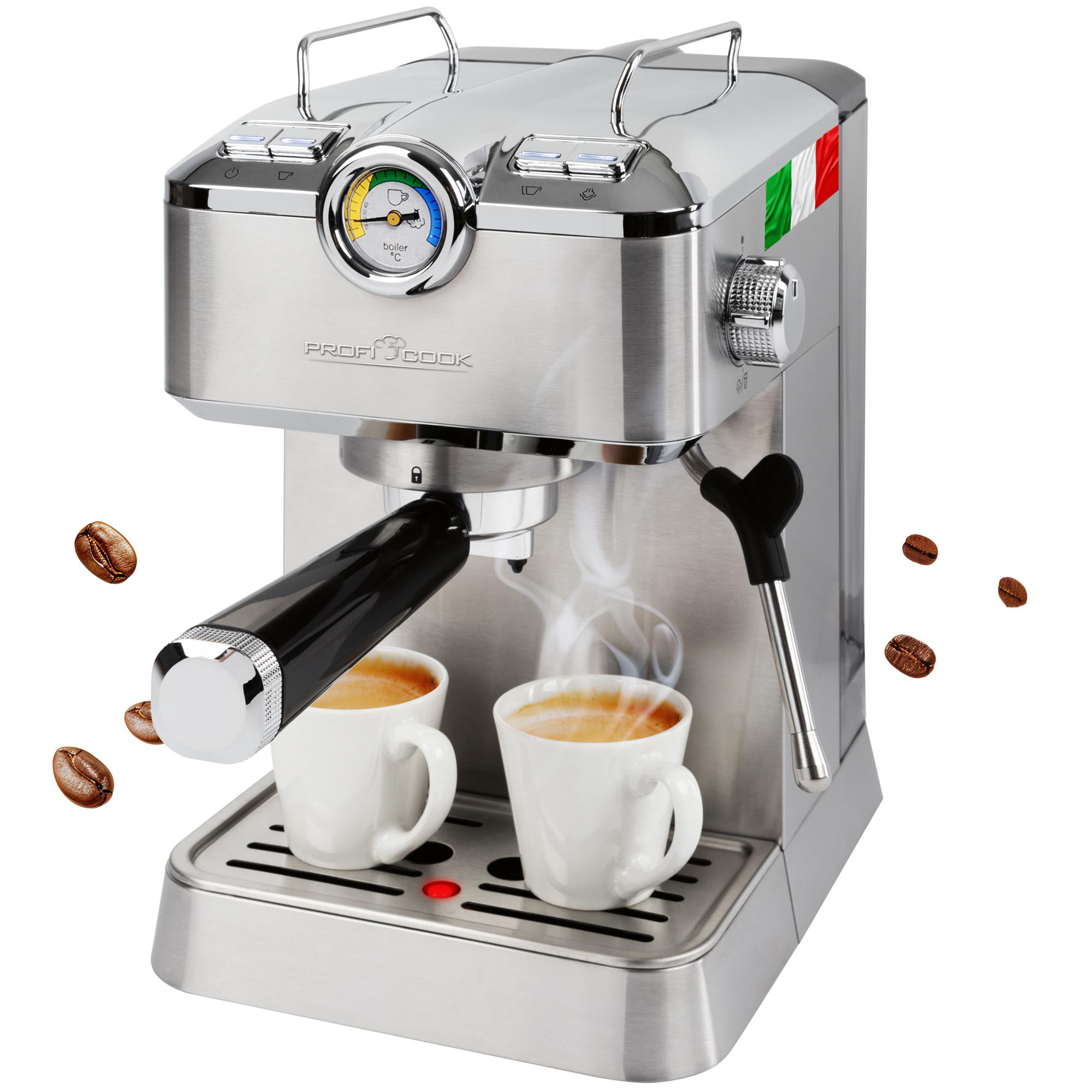 Eine Espressomaschine mit zwei weißen Tassen, Kaffeebohnen und Dampf.