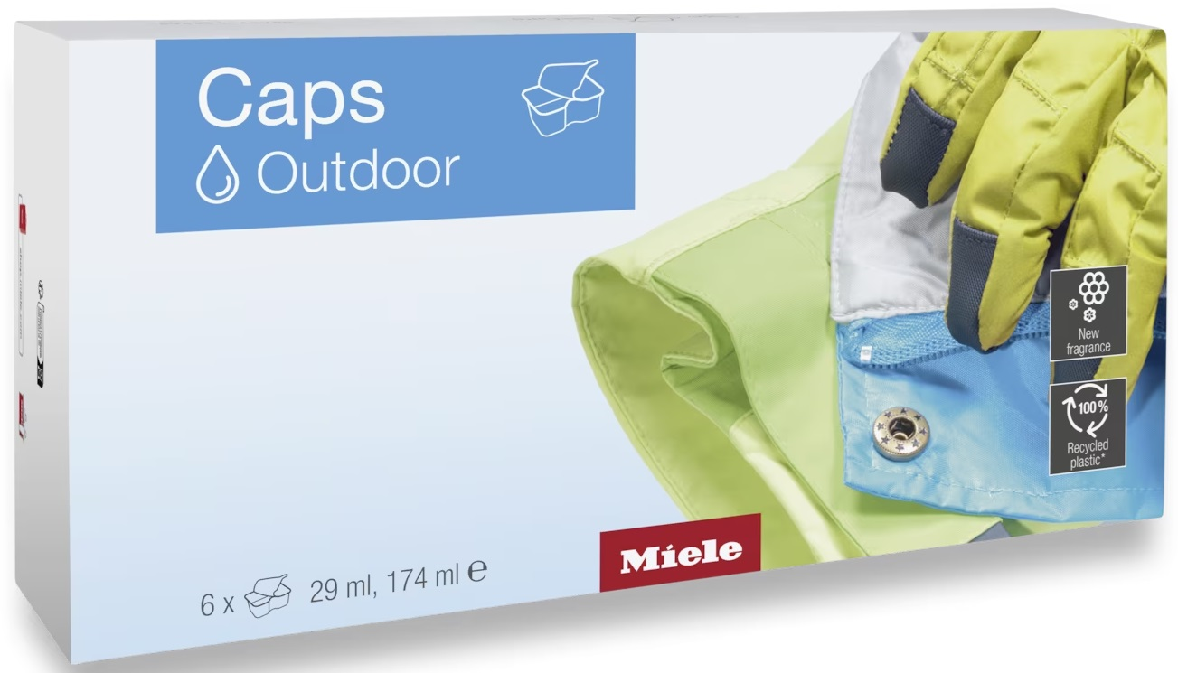 Pudełko Miele Caps Outdoor z rękawicami i detalami kurtki. Ma logo 100% plastiku z recyklingu.