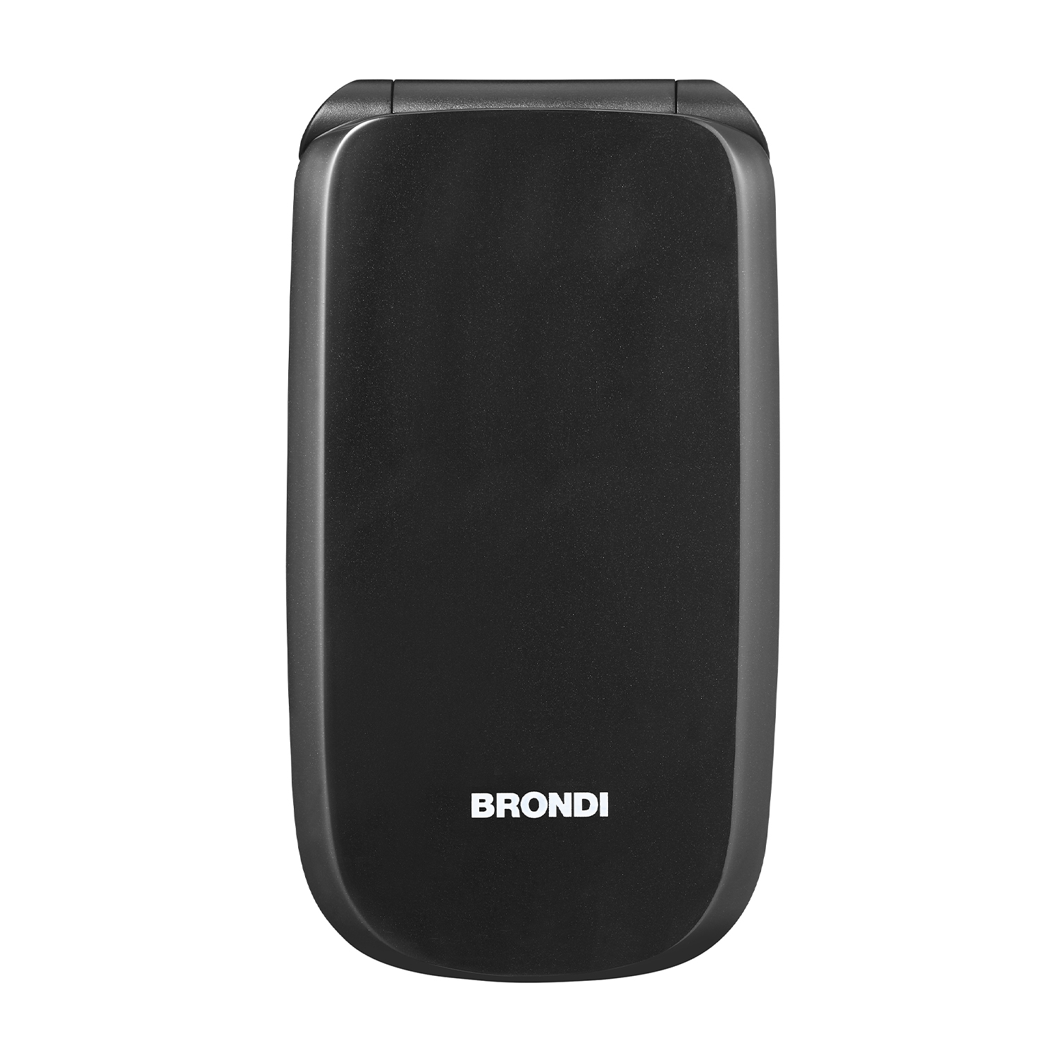 Telefono a conchiglia nero chiuso, il logo Brondi è visibile. Sfondo bianco.