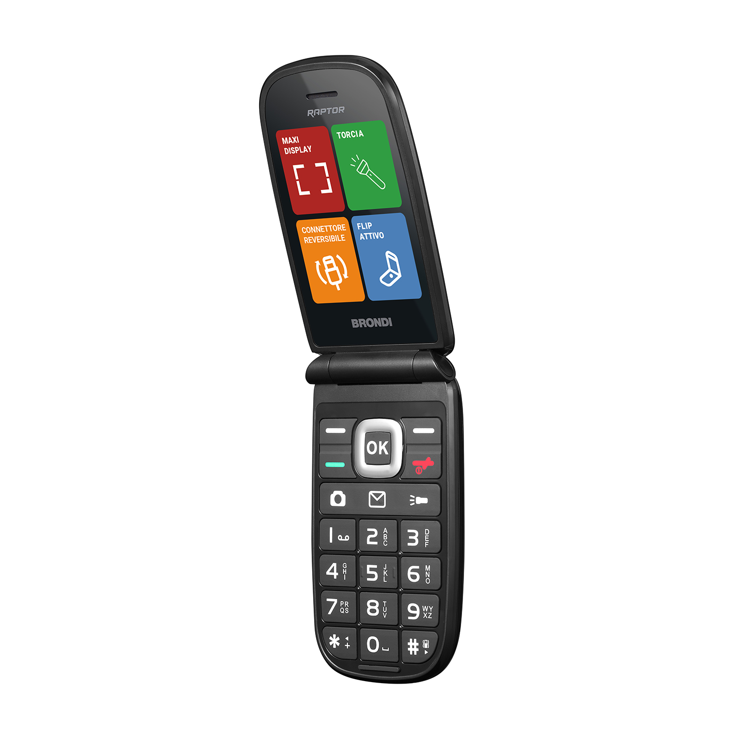 Un telefono a conchiglia nero, aperto, che mostra un display e una tastiera.