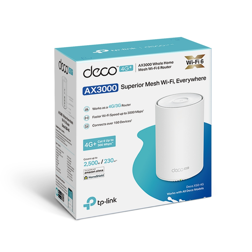 TP-LINK Deco X10-4G(1-pack), AX1500 Mbps, 190 m²'ye Kadar Kapsama,  4G+ Cat6 Mesh Wi-Fi 6 4G Modemi