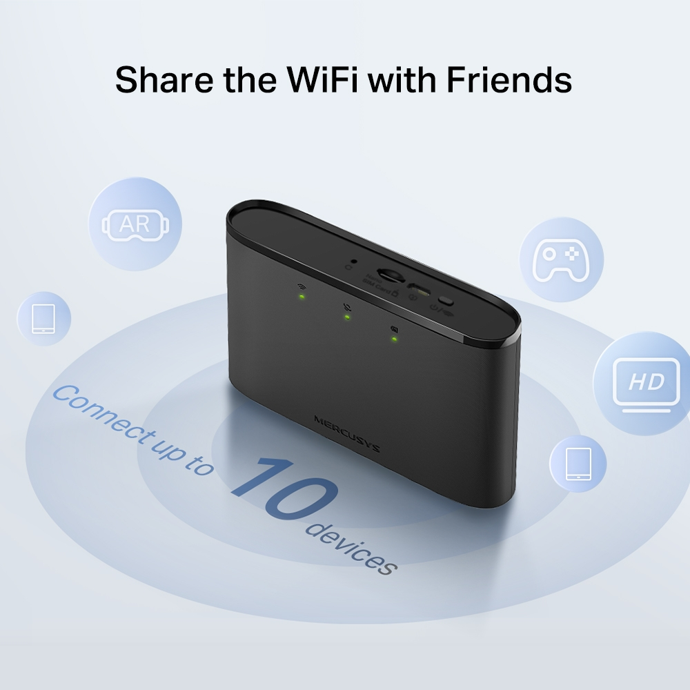 Siyah wifi yönlendirici. Wifi'yi arkadaşlarınızla paylaşın. AR, oyun ve HD için simgeler. Mavi arka plan.