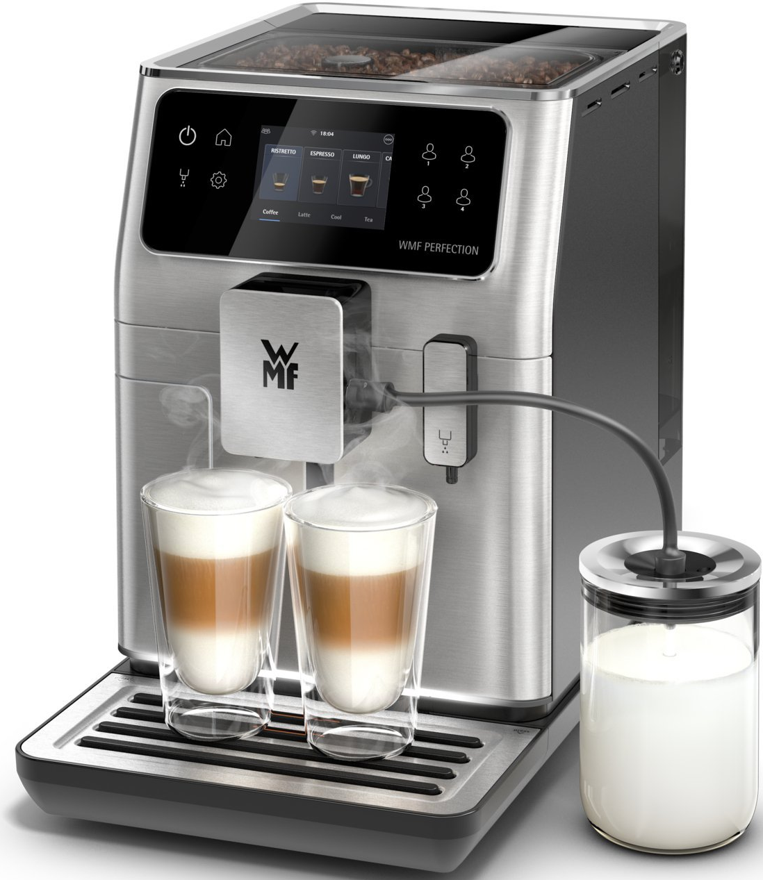 Macchina da caffè in acciaio inossidabile con due bicchieri di latte macchiato e contenitore del latte.