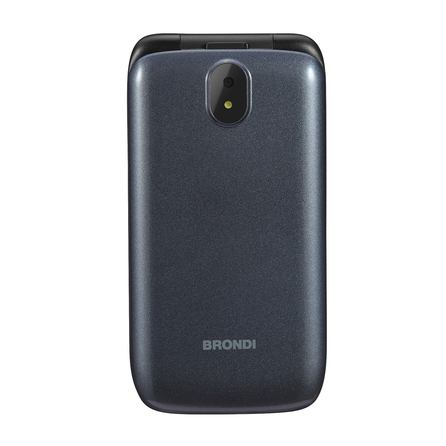 Un telefono Brondi blu scuro chiuso con una fotocamera. La parola Brondi è visibile.