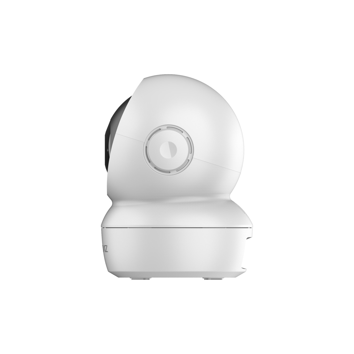 Een witte, afgeronde beveiligingscamera met een zwarte lens, gepositioneerd voor bewaking.