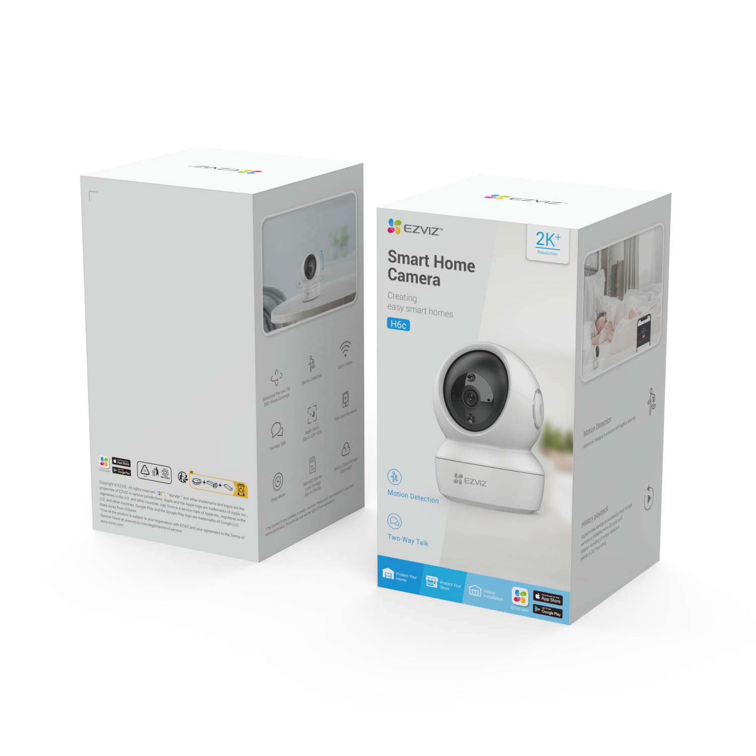 Witte EZVIZ Smart Home Camera doos en camera. Tekst op de doos is 'Smart Home Camera'.