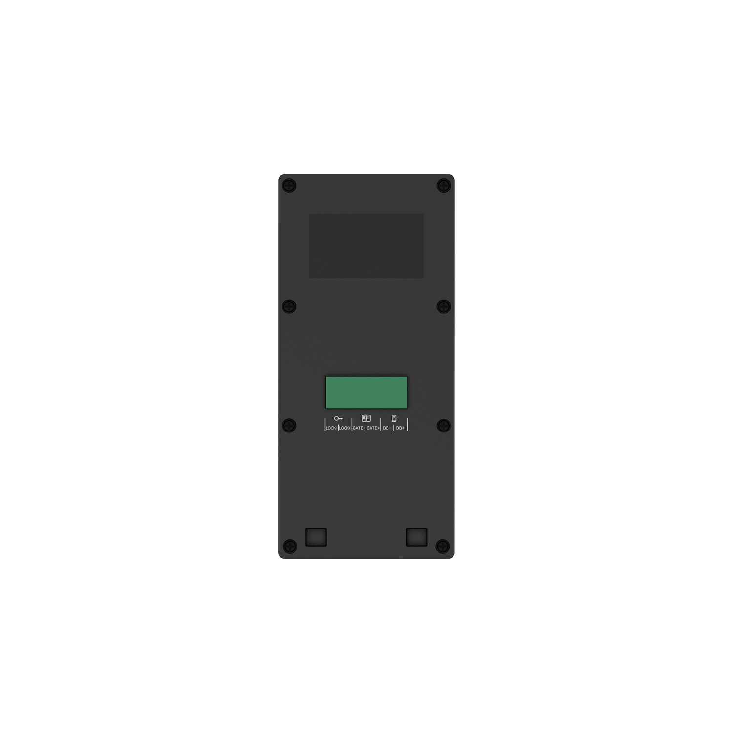 Un appareil rectangulaire noir avec un écran vert. Il comporte des boutons et des icônes, notamment des symboles de verrouillage, de porte et de batterie. Le fond est blanc.