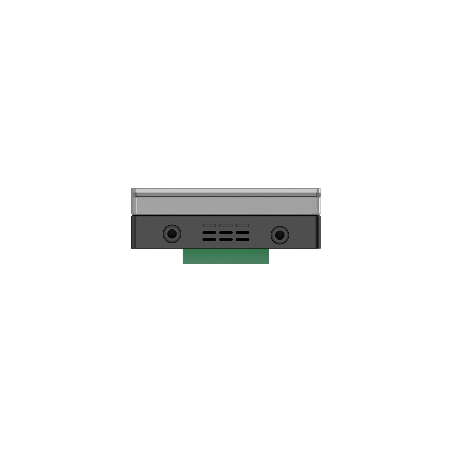 Un appareil électronique noir et gris avec des ports circulaires, des fentes rectangulaires et un composant vert en bas, sur fond blanc.