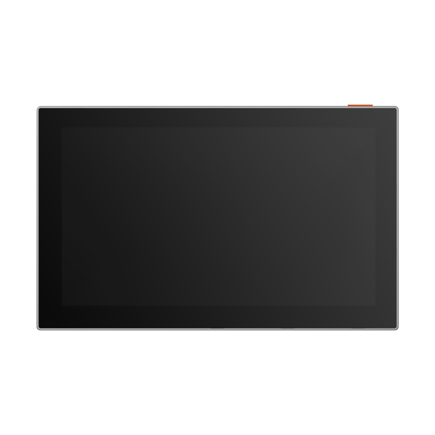 Une tablette à écran noir avec un cadre argenté. Il y a un bouton orange en haut à droite.