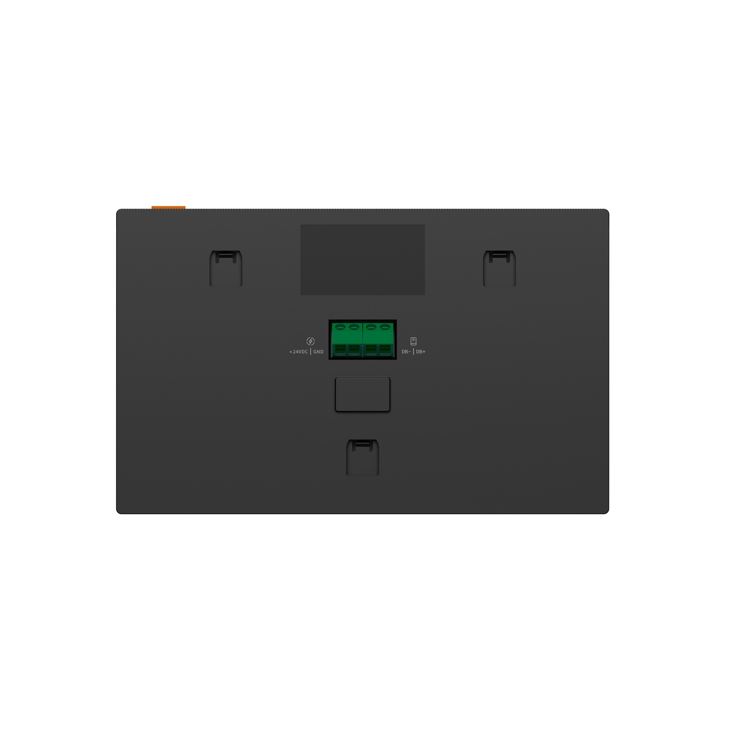Un appareil rectangulaire noir. Il comporte des connecteurs, des étiquettes et des boutons verts. Le fond est blanc.